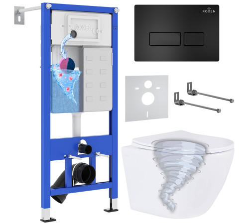 Унитаз подвесной Roxen Antares Tornado в комплекте с инсталляцией StounFix Dual Fresh 6 в 1 968313 кнопка: черный матовый