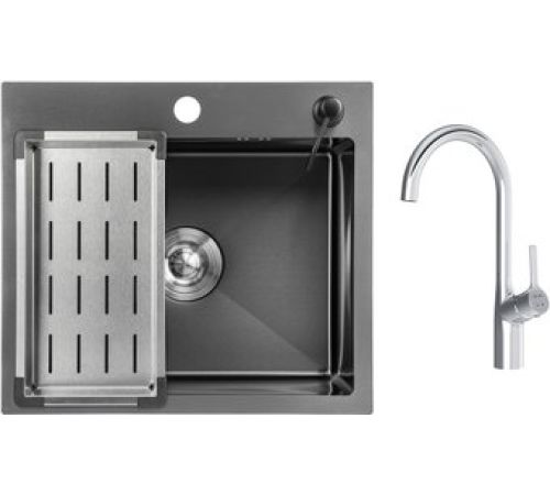 Кухонная мойка Saniteco 5045 Nano + Spike F9S07000 хром, с сифоном, дозатором и коландером