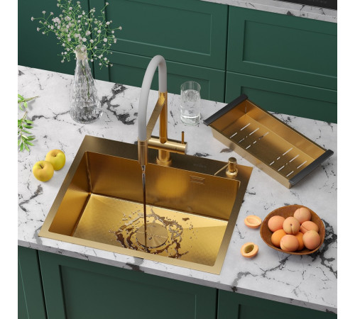 Кухонная мойка Roxen Simple 560220-60G-GR золото/текстурная PVD покрытие с коландером и дозатором
