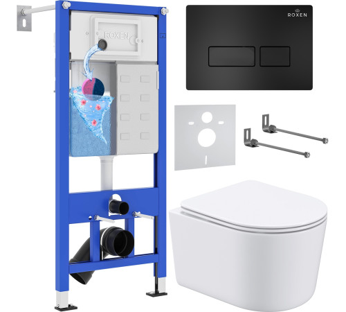 Унитаз подвесной Roxen Simple Compact в комплекте с инсталляцией StounFix Dual Fresh 6 в 1 921358 кнопка: черный матовый