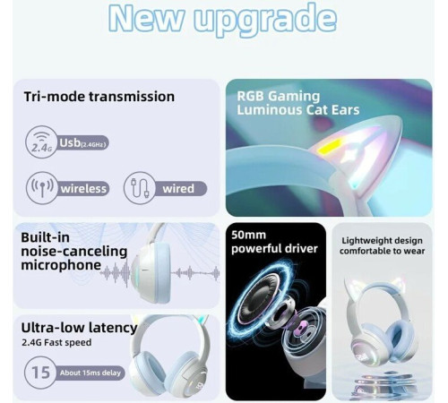 Наушники Onikuma GT838 Cat Ear белый/голубой