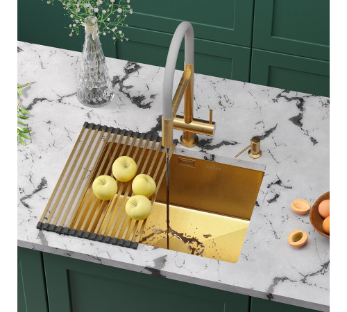 Кухонная мойка Roxen Uno 560210-54G-GR золото/текстурная PVD покрытие с ролл-матом и дозатором