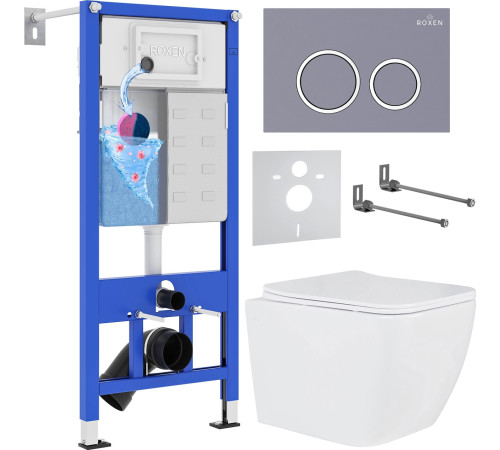 Унитаз подвесной Roxen Cube в комплекте с инсталляцией StounFix Dual Fresh 6 в 1 966075 кнопка: серый бетон