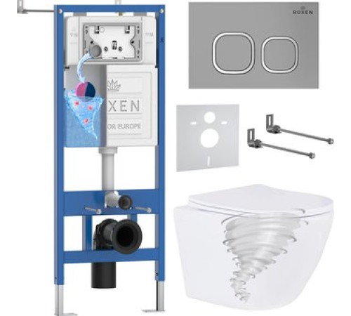 Унитаз подвесной Roxen Antares Tornado Long в комплекте с инсталляцией StounFix Dual Fresh 6 в 1 868435 кнопка: хром матовый матовая