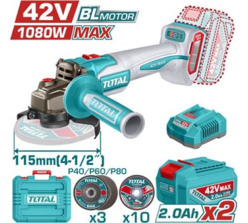 Угловая шлифмашина Total TAGLI4108112 с 2-мя АКБ, кейс