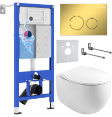 Унитаз подвесной Roxen Egg в комплекте с инсталляцией StounFix Dual Fresh 6 в 1 968031 кнопка: золото глянцевое