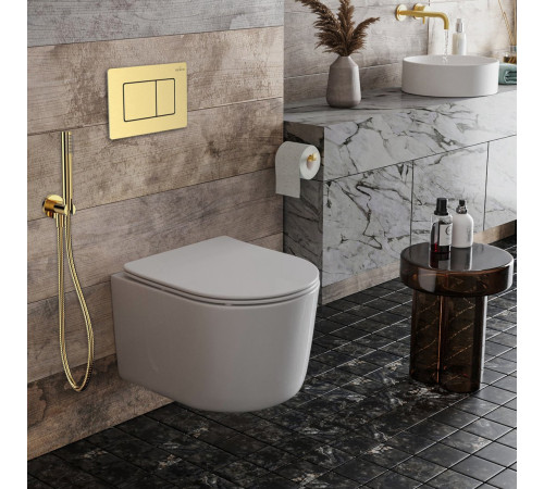Унитаз подвесной Roxen Simple compact в комплекте с инсталляцией StounFix Dual Fresh 6 в 1 968480 кнопка: брашированное золото