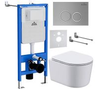 Унитаз подвесной Roxen Simple Compact в комплекте с инсталляцией StounFix Dual Fresh 6 в 1 915792 кнопка: хром матовый