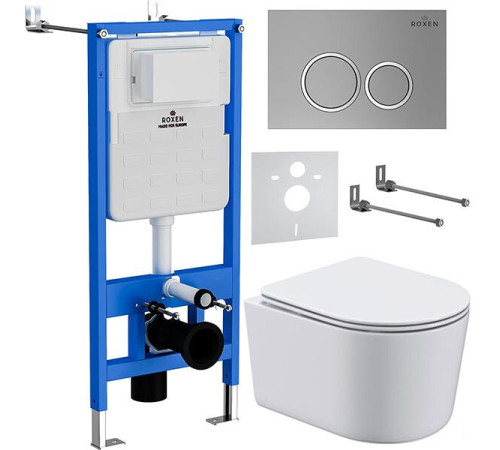 Унитаз подвесной Roxen Simple Compact в комплекте с инсталляцией StounFix Dual Fresh 6 в 1 915792 кнопка: хром матовый