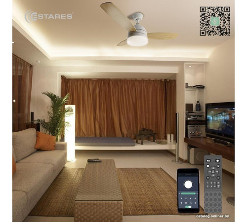 Припотолочная люстра Estares Fan Wood 48W+18W R-APP-1060x390-WHITE/WOOD/WHITE-220-IP20