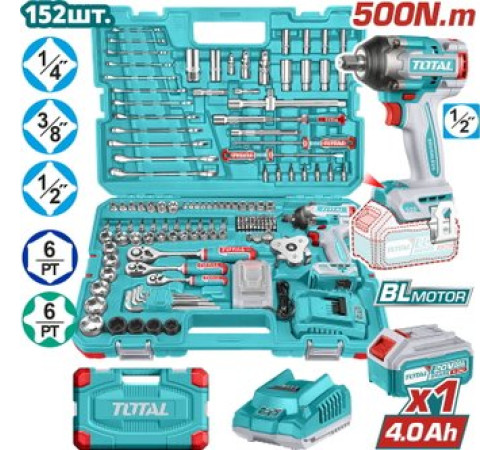 Total THKTHP31522 гайковерт, 1 АКБ, набор инструментов