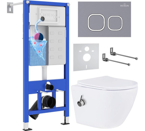 Унитаз подвесной Roxen Antares Bidet в комплекте с инсталляцией StounFix Dual Fresh 6 в 1 966430 кнопка: серый бетон