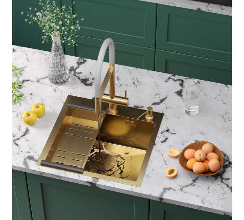 Кухонная мойка Roxen Simple 560220-50G-V золото/текстурная PVD покрытие с коландером и дозатором