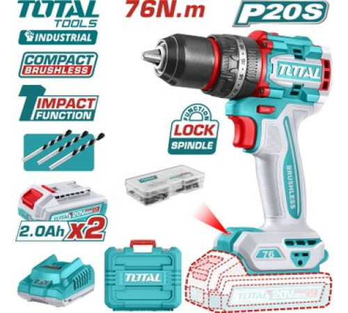 Ударная дрель-шуруповерт Total TIDLI20768 с 2-мя АКБ, кейс