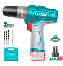 Ударная дрель-шуруповерт Total TIDLI12202 с 2-мя АКБ, кейс, набор оснастки, без ЗУ