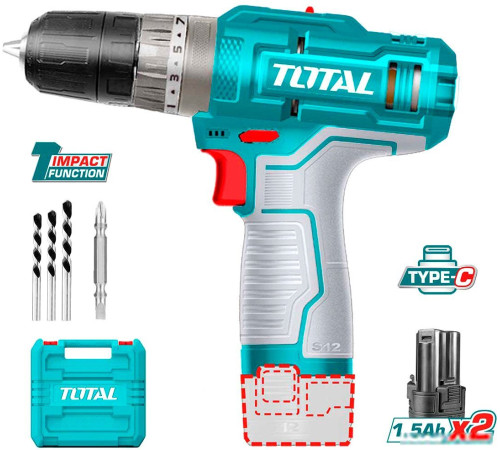 Ударная дрель-шуруповерт Total TIDLI12202 с 2-мя АКБ, кейс, набор оснастки, без ЗУ