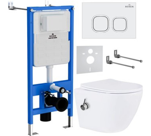 Унитаз подвесной Roxen Antares Bidet в комплекте с инсталляцией StounFix Dual Fresh 6 в 1 934445 кнопка: белый глянец