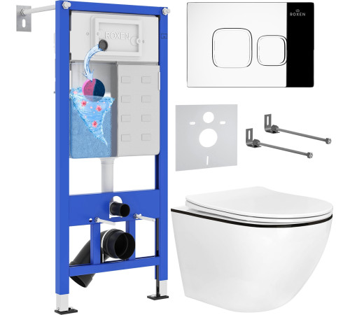 Унитаз подвесной Roxen Antares Black в комплекте с инсталляцией StounFix Dual Fresh 6 в 1 964686 кнопка: хром глянец