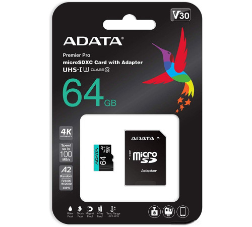 Карта памяти A-Data Premier Pro AUSDX64GUI3V30SA2-RA1 microSDXC 64GB с адаптером