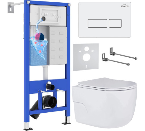 Унитаз подвесной Roxen Porto в комплекте с инсталляцией StounFix Dual Fresh 6 в 1 576390 кнопка: белый глянец