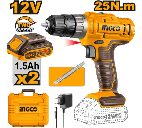 Дрель-шуруповерт Ingco CDLI1228 с 2-мя АКБ, кейс