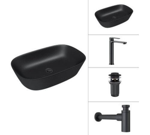 Умывальник Lauter 21393-60-A + Moon 21СК8691BS + сифон 21635B + донный кл. 21190B черный матовый