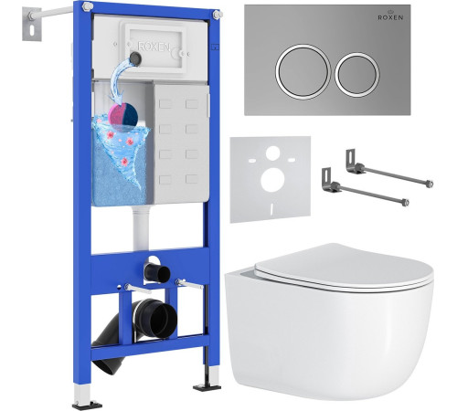 Унитаз подвесной Roxen Vortex Tornado в комплекте с инсталляцией StounFix Dual Fresh 6 в 1 964355 кнопка: хром матовый