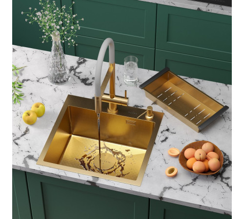 Кухонная мойка Roxen Simple 560220-50G-GR золото/текстурная PVD покрытие с коландером и дозатором