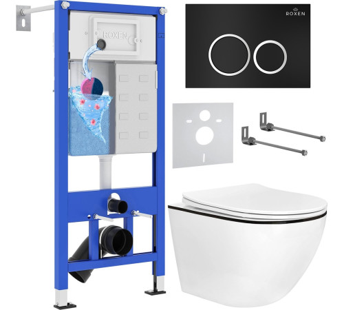 Унитаз подвесной Roxen Antares Black в комплекте с инсталляцией StounFix Dual Fresh 6 в 1 964643 кнопка: черный матовый