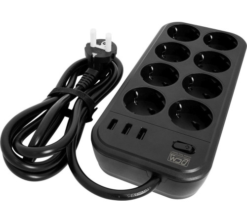 Сетевой фильтр Powercom SP-08 USB03AB 3 м, 8 розеток, черный