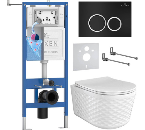Унитаз подвесной Roxen Vine Tornado в комплекте с инсталляцией StounFix Dual Fresh 6 в 1 979008 кнопка: черный матовый