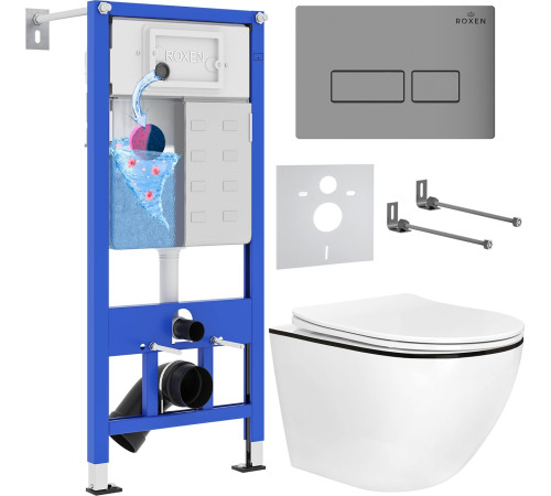 Унитаз подвесной Roxen Antares Black в комплекте с инсталляцией StounFix Dual Fresh 6 в 1 964800 кнопка: хром матовый