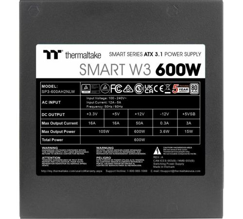 Блок питания Thermaltake Smart W3 600W PS-SPW-0600NNFAWE-1
