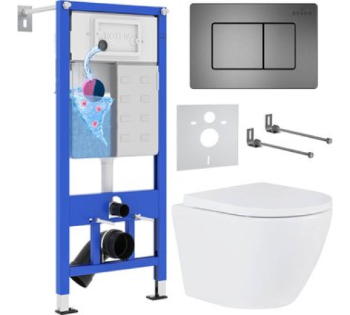 Унитаз подвесной Roxen Antares One Rimless 6 в 1 StounFix Dual Fresh 614314 оружейная сталь/металл