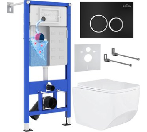 Унитаз подвесной Roxen Boro One Rimless 6 в 1 StounFix Dual Fresh 507542 кнопка: черный матовый