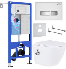 Унитаз подвесной Roxen Antares Bidet в комплекте с инсталляцией StounFix Dual Fresh 6 в 1 962866 кнопка: белое стекло