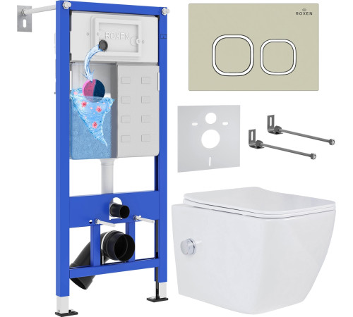 Унитаз подвесной Roxen Cube bidet в комплекте с инсталляцией StounFix Dual Fresh 6 в 1 966554 кнопка: бежевый