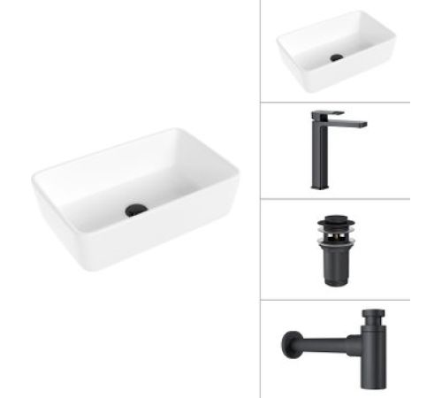 Умывальник Lauter 21674A + Cascade 21СК0655BS + сифон 21635B + дон.клапан 21190B черный матовый