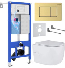 Унитаз подвесной Roxen Porto в комплекте с инсталляцией StounFix Dual Fresh 6 в 1 968478 кнопка: брашированное золото