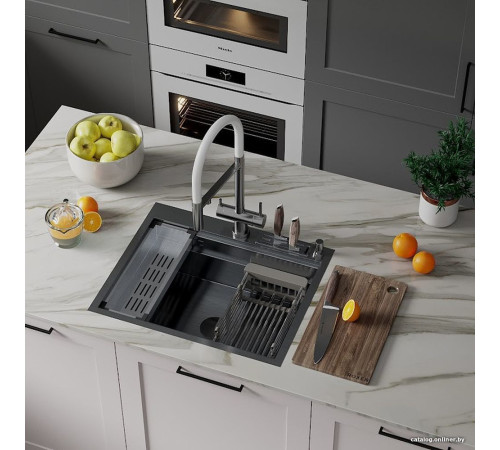 Кухонная мойка Roxen Stage 560250-60B PVD графит c держателем для ножей, двумя коландерами, разделочной доской и дозатором