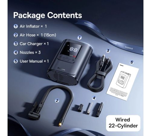 Автомобильный компрессор Baseus GoTrip VA1 Super Mini Wired Inflator 22-Cylinder Cosmic Black C0119701