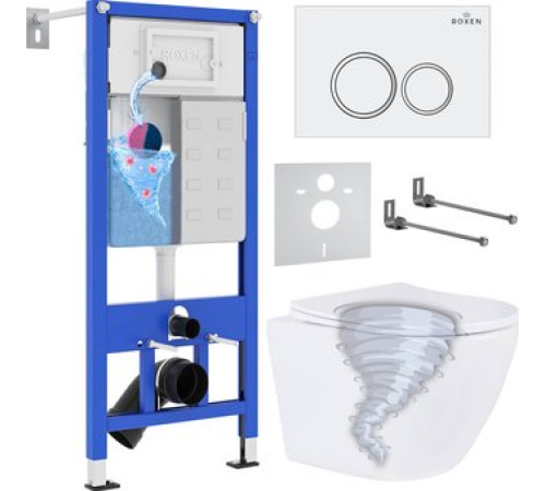 Унитаз подвесной Roxen Antares Tornado Long в комплекте с инсталляцией StounFix Dual Fresh 6 в 1 868420 кнопка: белый глянцевая