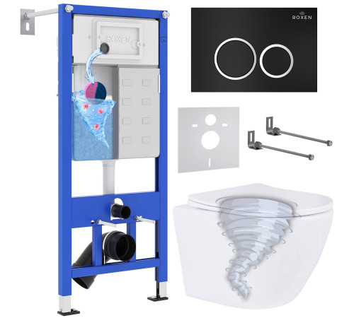 Унитаз подвесной Roxen Antares Tornado в комплекте с инсталляцией StounFix Dual Fresh 6 в 1 968339 кнопка: черный матовый