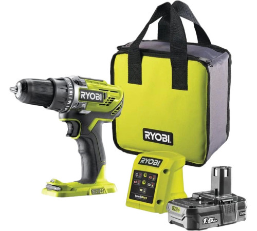 Дрель-шуруповерт Ryobi R18DD3-115S 5133005301 с 1-им АКБ 1.5 Ач, сумка