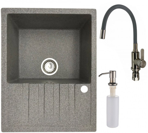 Кухонная мойка БелЭворс Vega L + смеситель W74004-9 + дозатор L405-1 серый/сатин