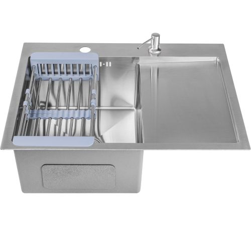 Кухонная мойка Saniteco 6550-L + Spike F9S07000 хром, с сифоном, дозатором и коландером