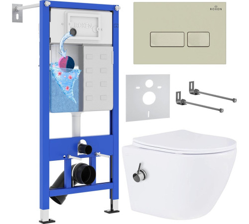 Унитаз подвесной Roxen Antares Bidet в комплекте с инсталляцией StounFix Dual Fresh 6 в 1 966690 кнопка: бежевый