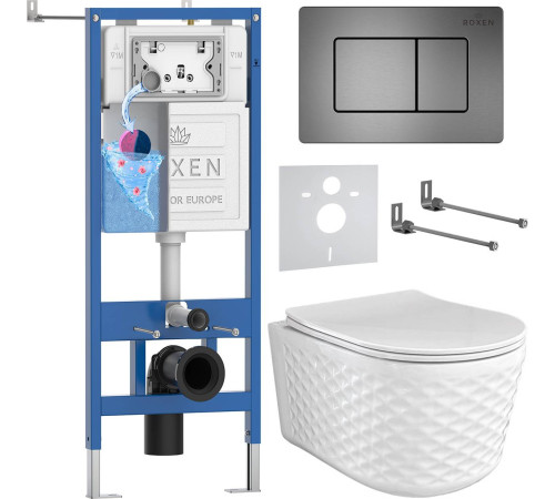Унитаз подвесной Roxen Vine Tornado в комплекте с инсталляцией StounFix Dual Fresh 6 в 1 979021 кнопка: оружейная сталь/металл