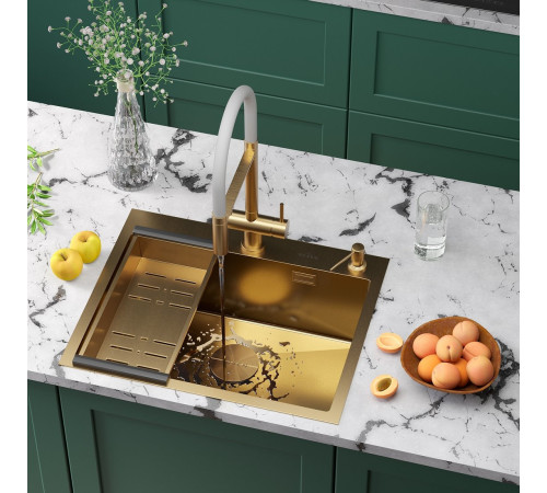 Кухонная мойка Roxen Simple 560220-60G-V золото/текстурная PVD покрытие с коландером и дозатором