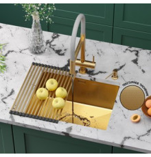 Кухонная мойка Roxen Uno 560210-54G-GR золото/текстурная PVD покрытие с ролл-матом и дозатором